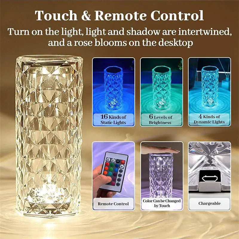 Enchanting 16 Color LED Crystal Rose Light Projector Lamp