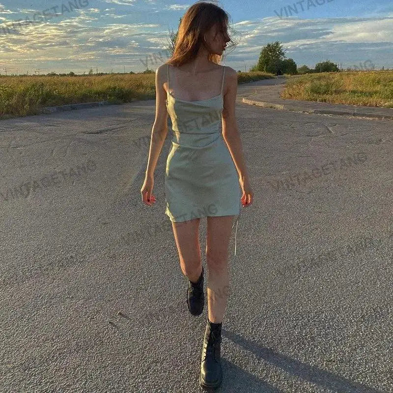 Green Satin Mini Dress Y2K Glam Night Out Attire Look