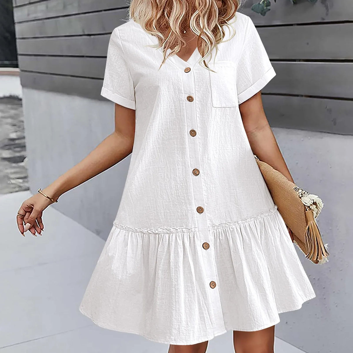 Button Front Ruffle Tunic Dress