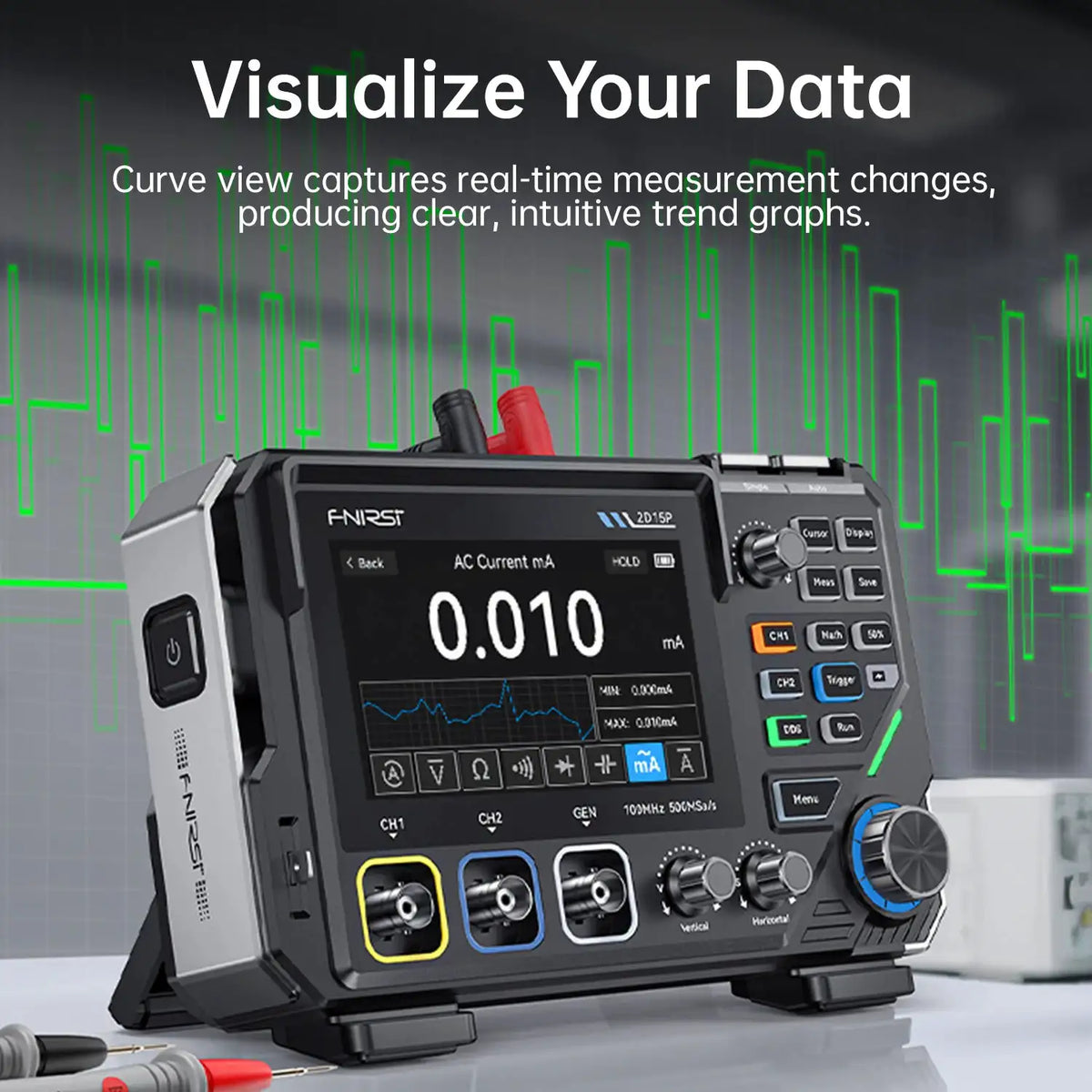 FNIRSI 2D15P Digital Oscilloscope Multimeter Signal Generator 3IN1 Touch Screen 2Channel 100MHz Bandwidth 500MSa/s 20000 Counts