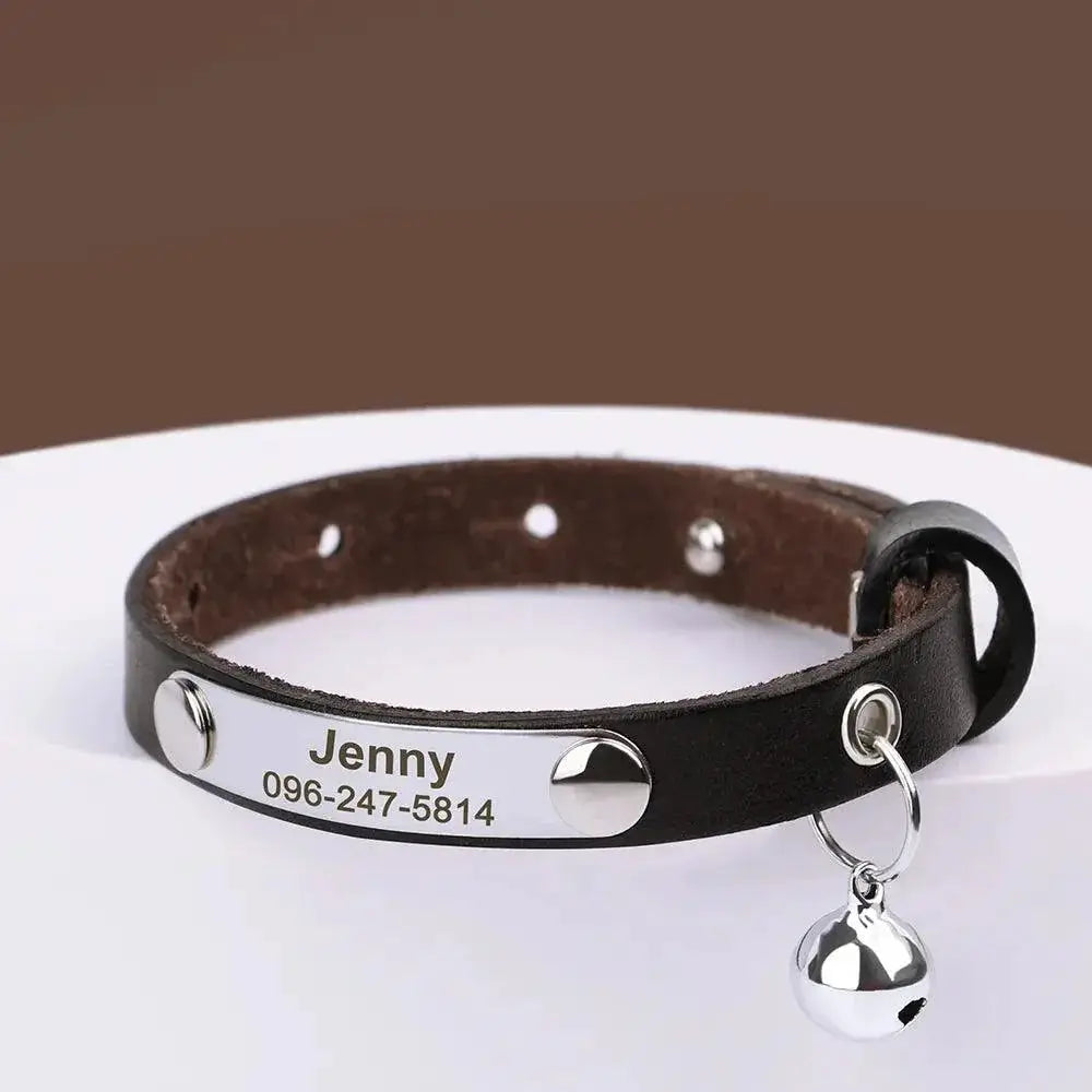 Custom Leather Personalized Cat Collar with Bell Safety