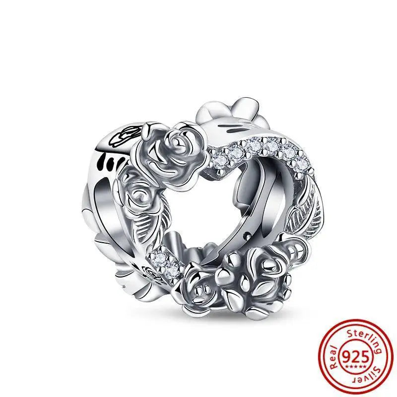 Crown Flowers Heart Silver Bead Charm Pandora Accessory