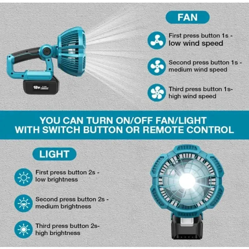 Cordless Jobsite Fan With LED Light Makita DeWalt Milwaukee