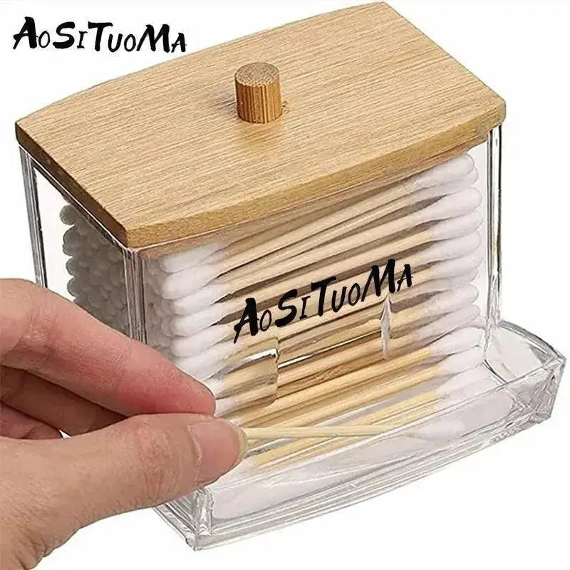 Wooden Lid Cotton Swab Holder Elegant Bathroom Organizer