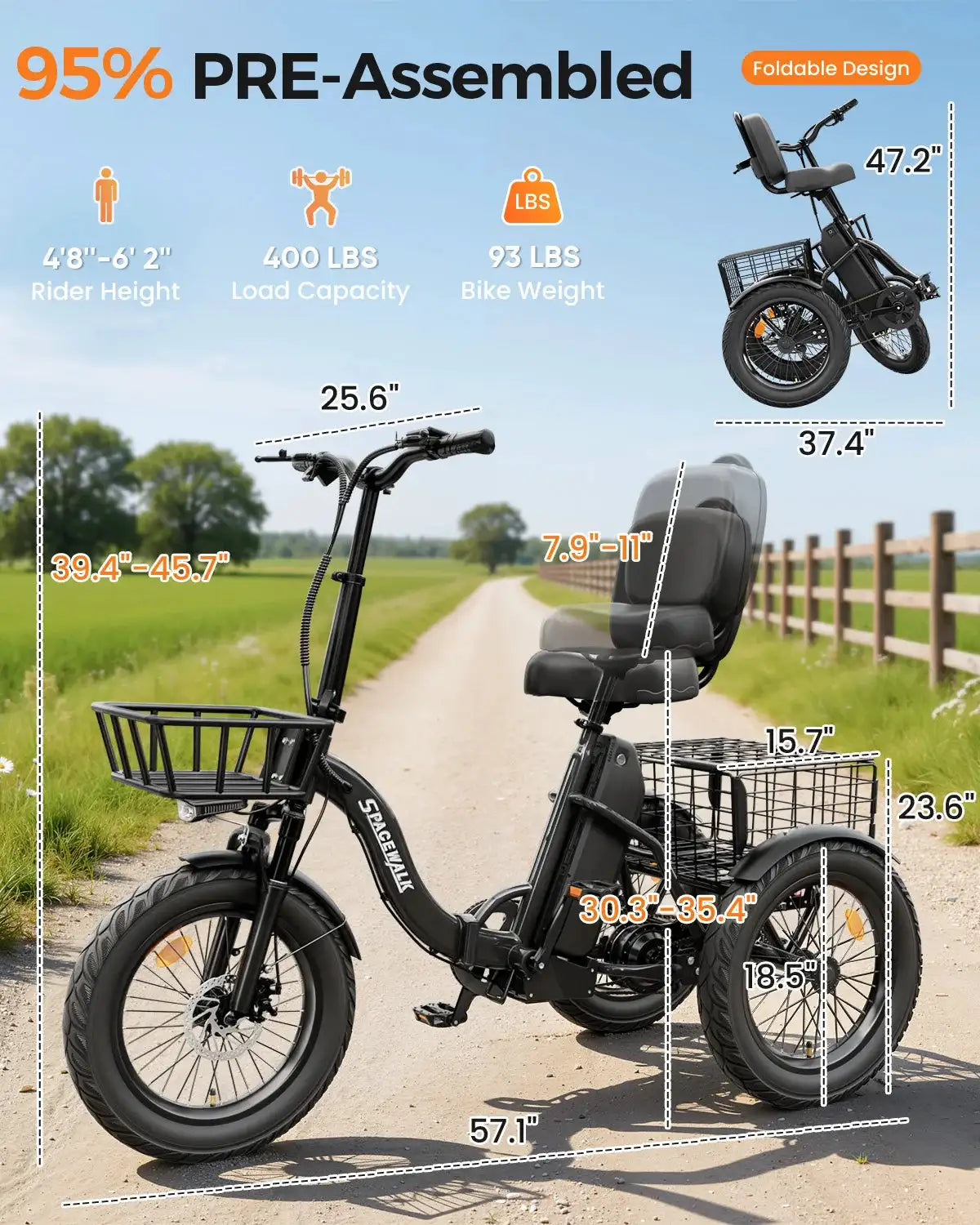 Spacewalk 1200W Peak Electric Trike for Adults, 48V 15Ah Battery 3 Wheel Electric Bike with 60 Miles Range, 18×3.0 Fat Tires, Dual Disc Brakes, Rear Cargo Basket, Adjustable Comfort Seat, Folding E Tricycle for Seniors-Black