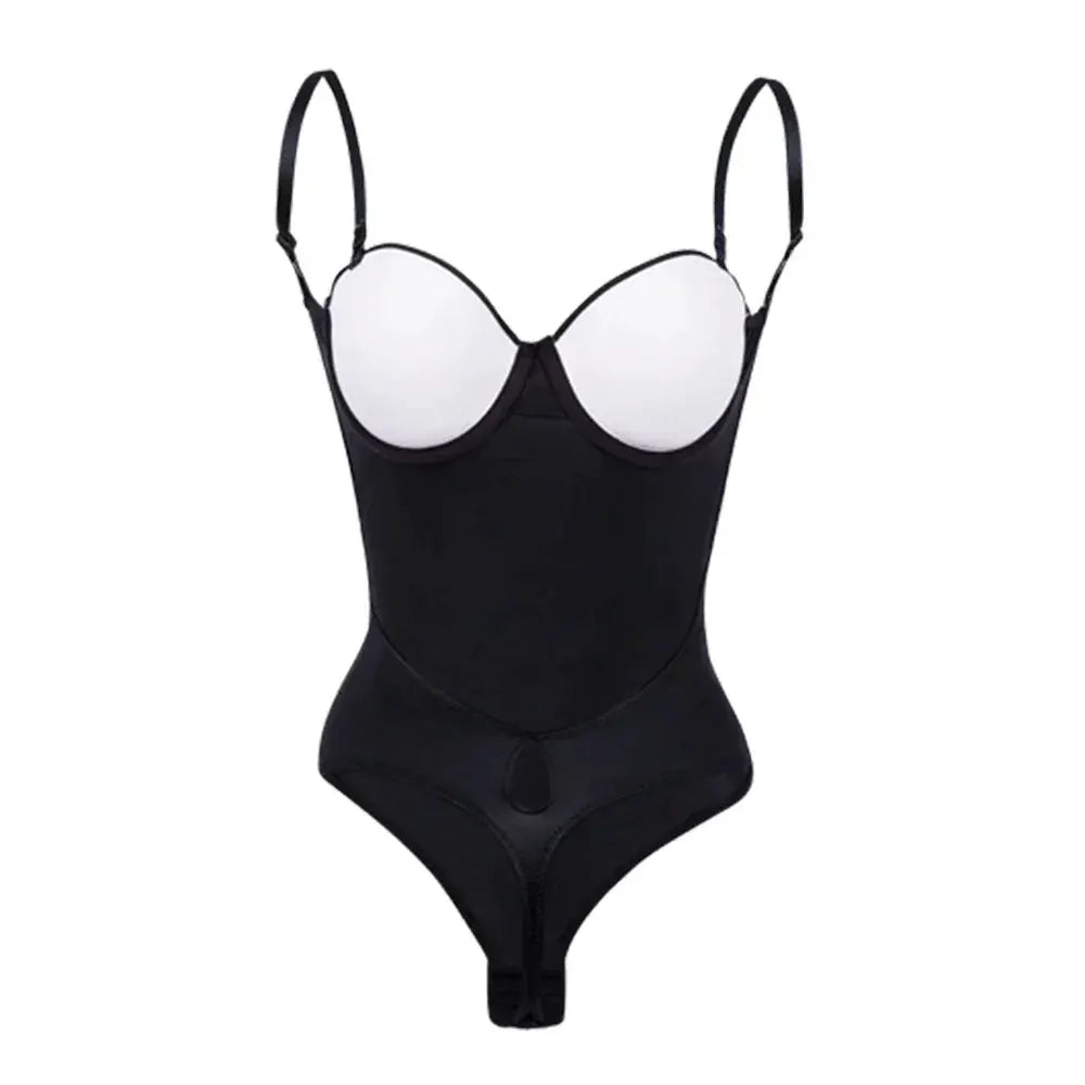 Elegant Black Deep V Backless Bodysuit With Adjustable Hooks