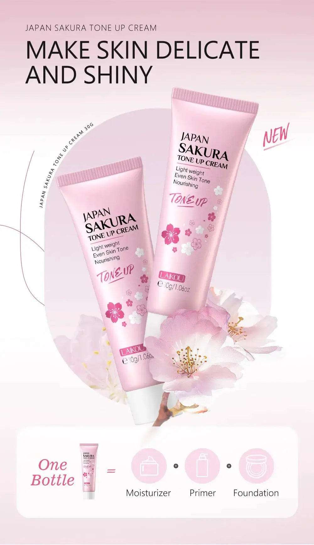 LAIKOU Cherry Blossom Suyan Cream Moisturizing Lazy Face Cream Tone up Brighten Skin Care Products Waterproof Sweatproof 30g