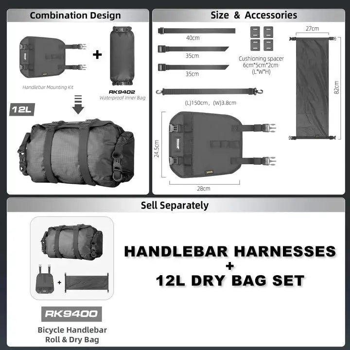 Rhinowalk Bilke Handlebar Harnesses 12L Dry Bag Waterproof Detachable Front Bag Big Size Mount Base Fit MTB Road Bicycle Cycling