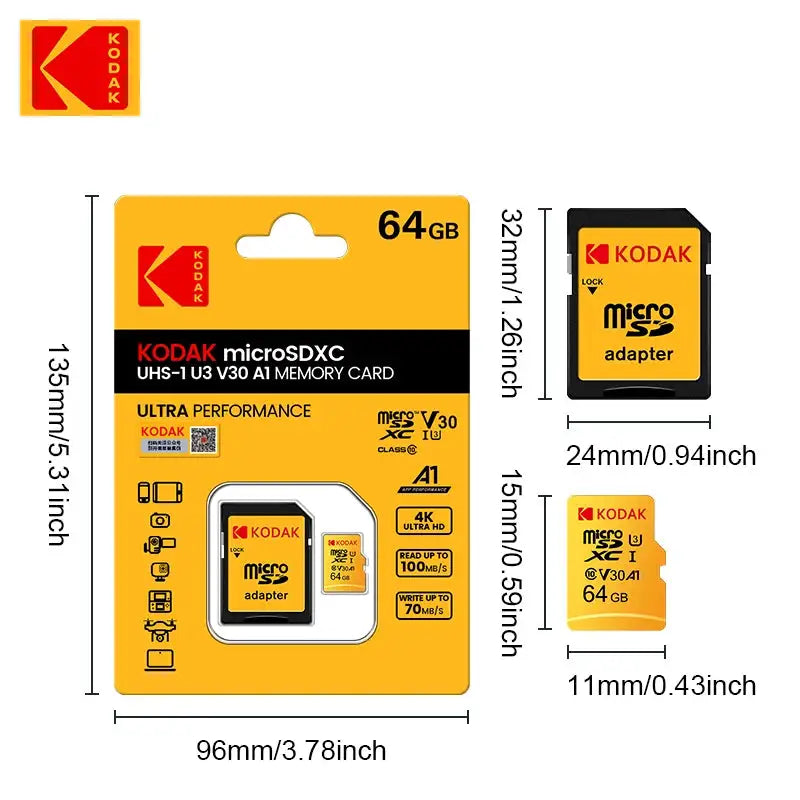 KODAK Micro SD Card 256GB 128GB 64GB 32GB Original Memory Card TF V30 U3 100MB/S Cartao De Memoria Free SD Adapter 4K UHD for PC