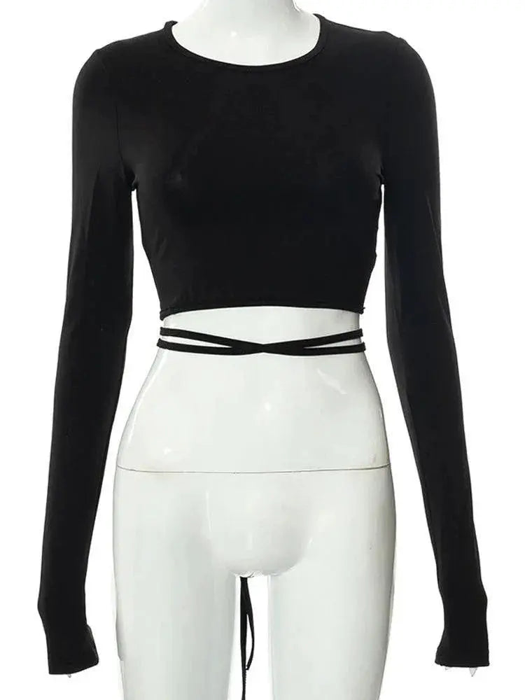 Sultry Black Lace Up Tee Backless Autumn Streetwear Fashion