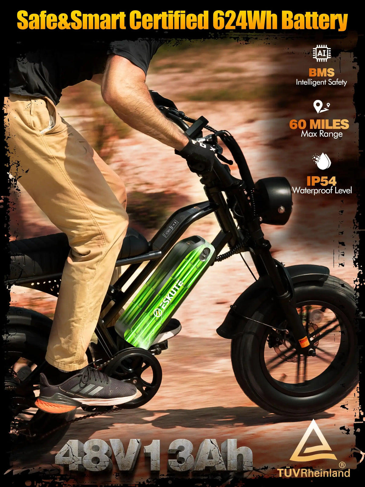 Eskute V100 Electric Dirt Bike, 1500W Peak 20MPH+ 48V13Ah Battery Motorcycle, All Terrain Dual Suspension E Bike , Ebike Up to 60 Miles Range, 16"x4" Fat Tire, 7-Speed，UL2849