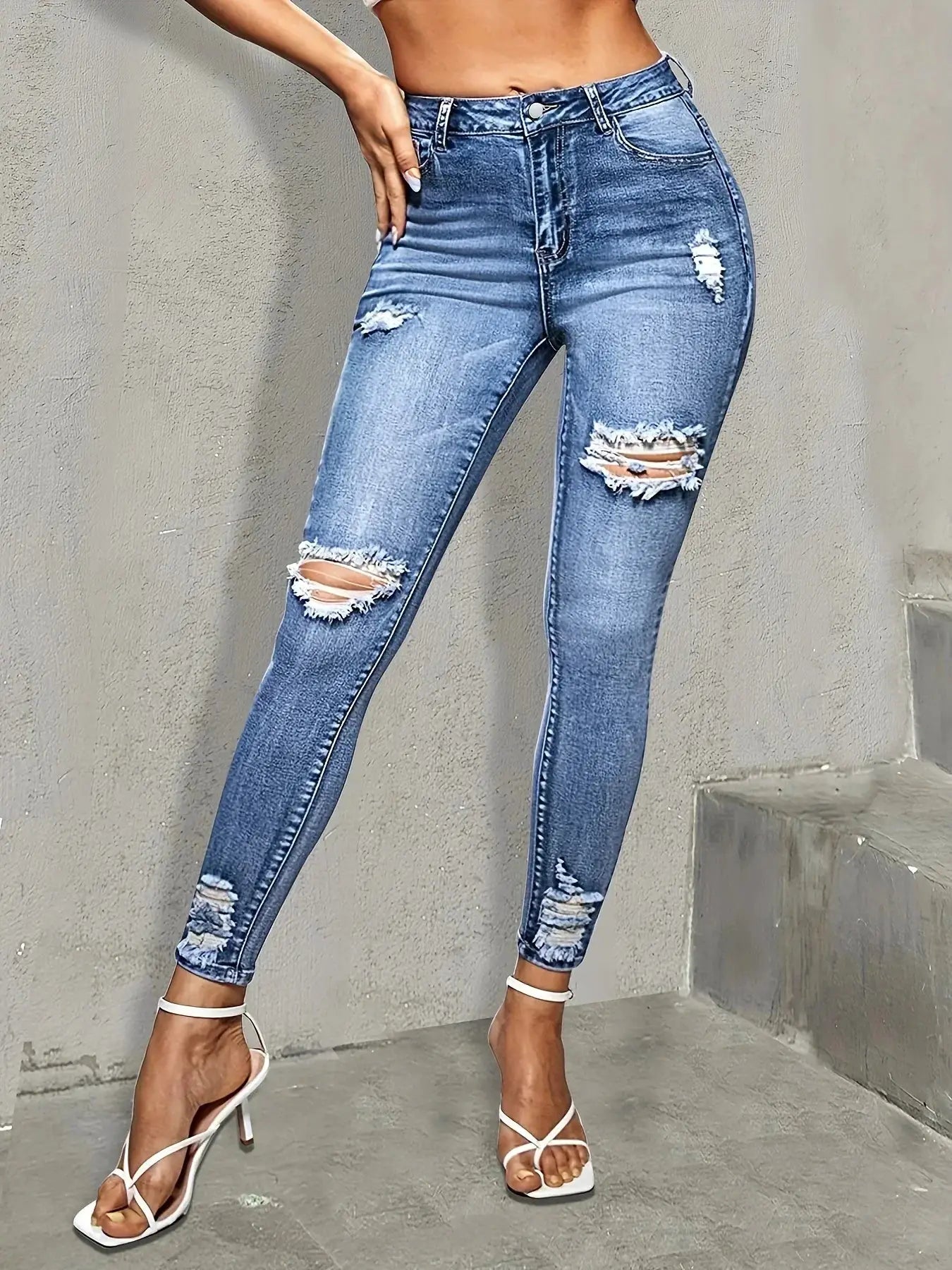 Blue Ripped Skinny Jeans Distressed High Stretch Slim Fit