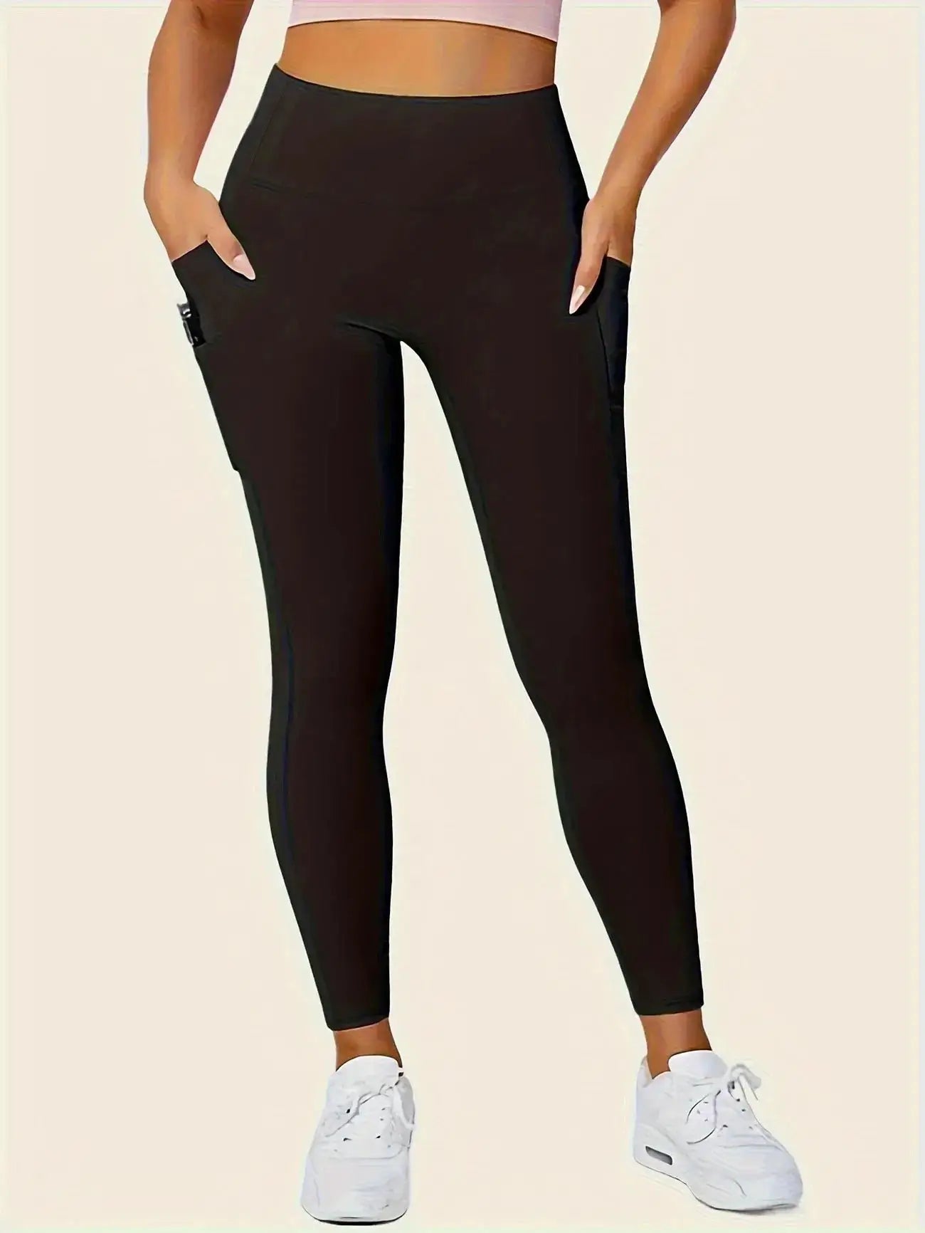 Women's High-Waisted Yoga Leggings with Pockets - Ultra-Stretch Slimming Workout Pants, All-Season Black Athletic Wear for Gym,