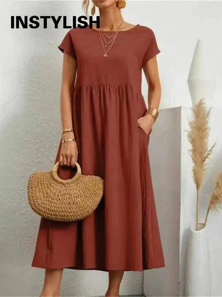 Vintage Solid Midi Dress Retro Boho Chic Cotton Linen Summer