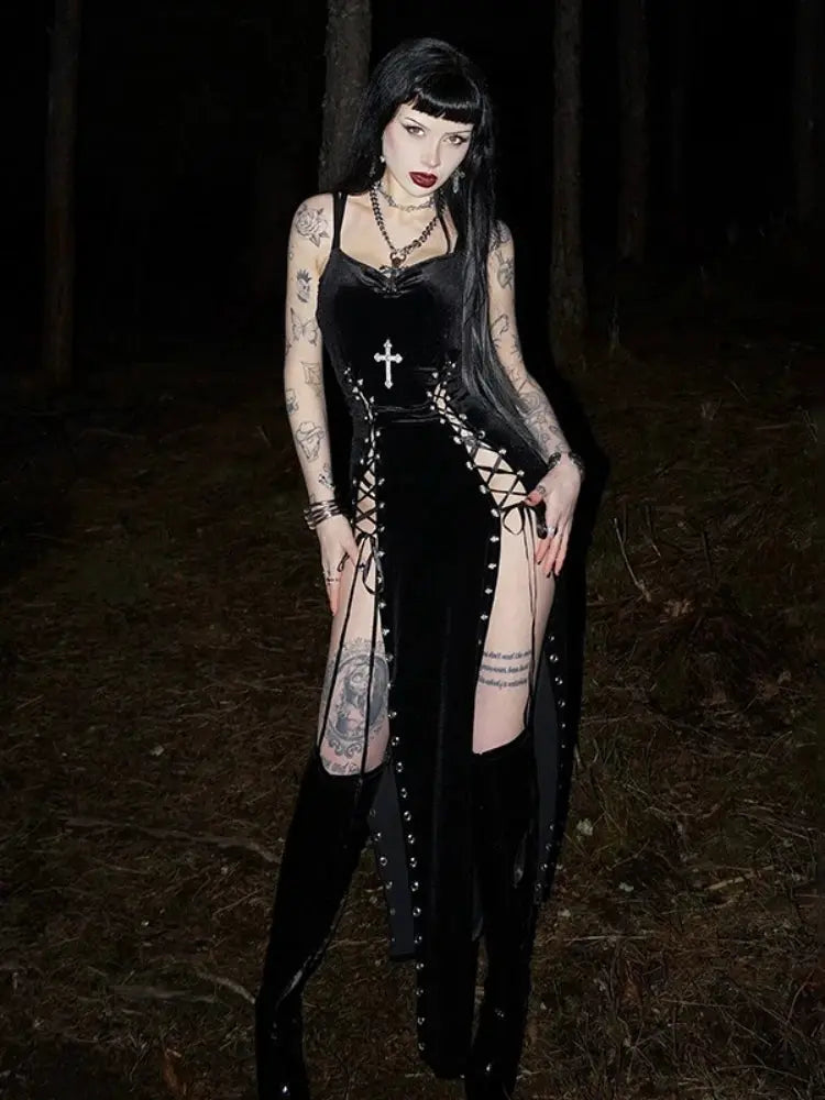Punk Grunge High Split Hem Straps Dess 90s Streetwear Gown Women Sexy Corn Bandage Velvet Dresses Mall Gothic Clothing