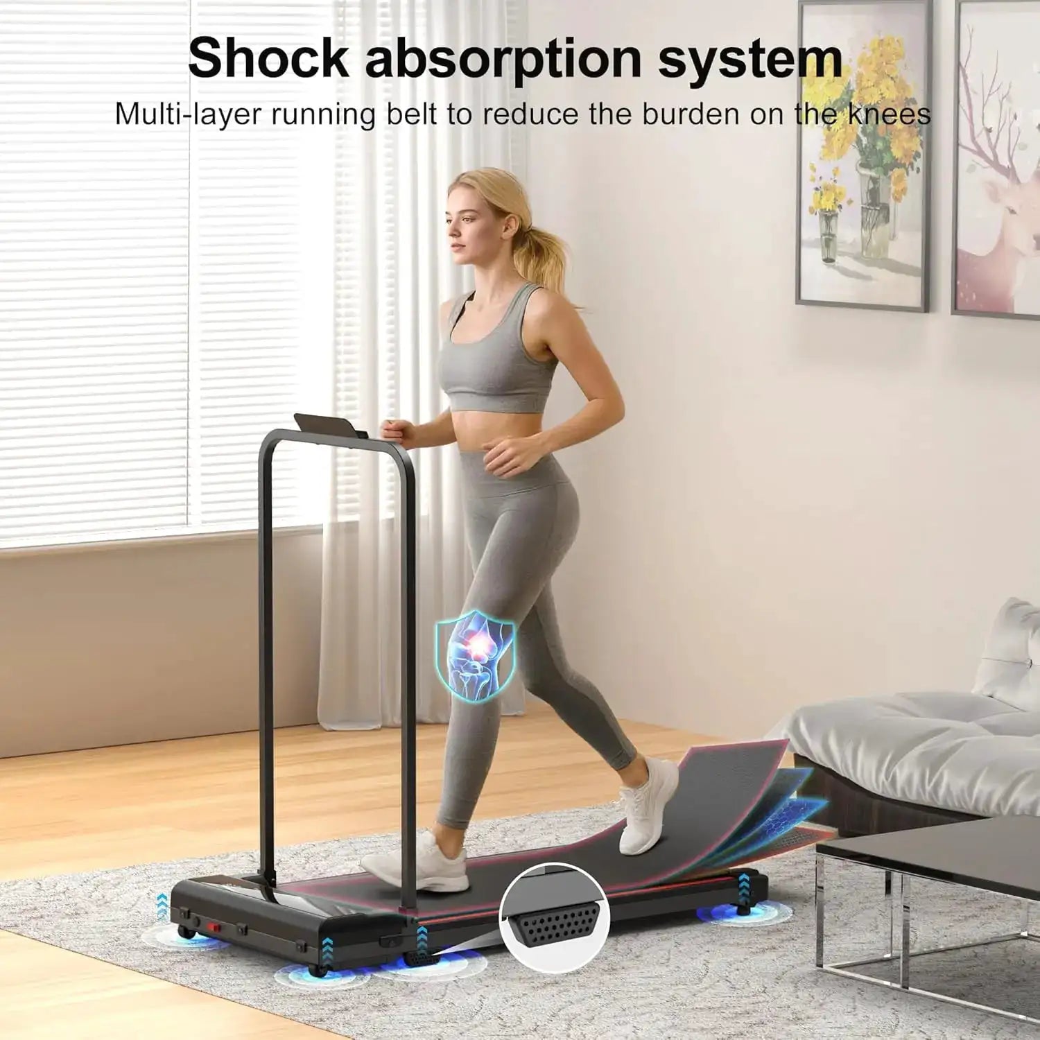 Home Foldable Under-Desk Walking Pad Treadmill, Equipped with Retractable Handle Bar; Compact Mini Electric Running Machine for Small Apartments & Office Indoor Walking Workouts
