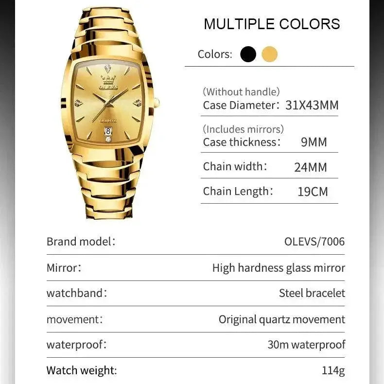 OLEVS Gold Tungsten Steel Square Dial Watch For Men