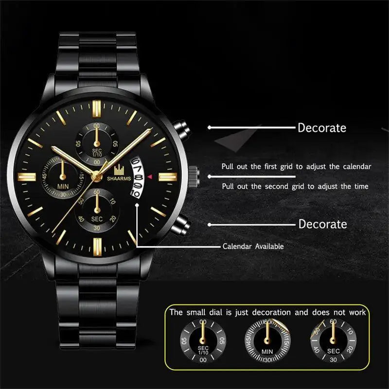 Mens Stainless Steel Calendar Quartz Watch Elegant Timepiece