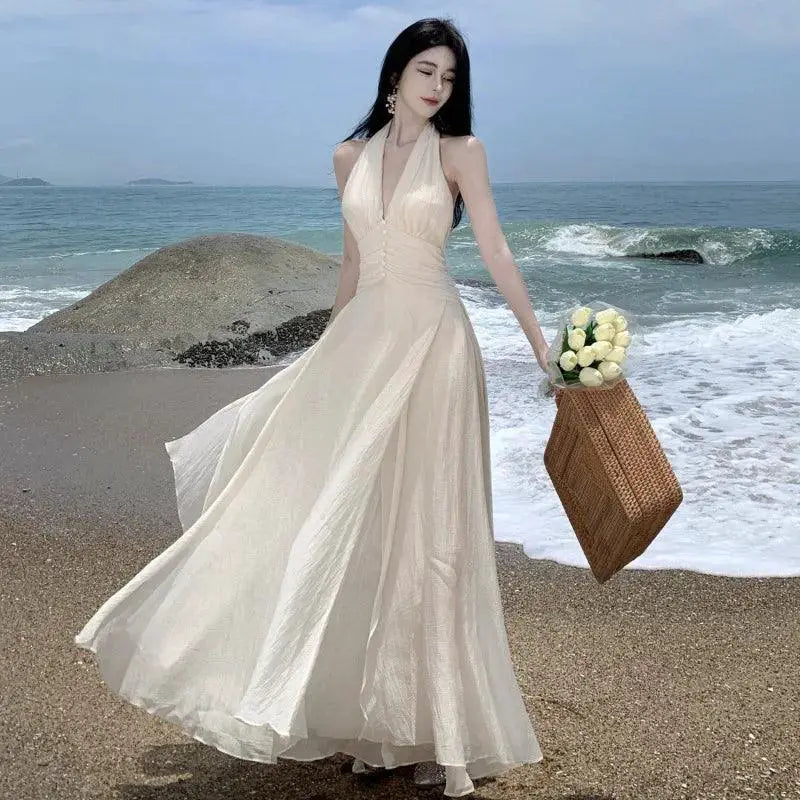 Elegant White Maxi Dress Halter Gown For Beach Wedding