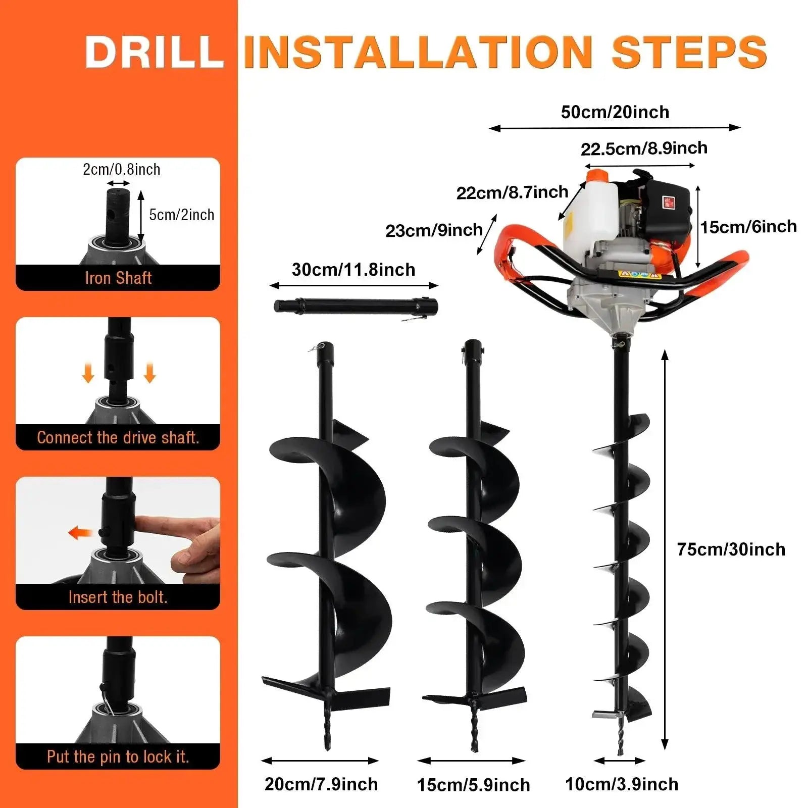 Gas Powered Post Hole Auger 2.3HP 52CC Digger Set Pro Grade
