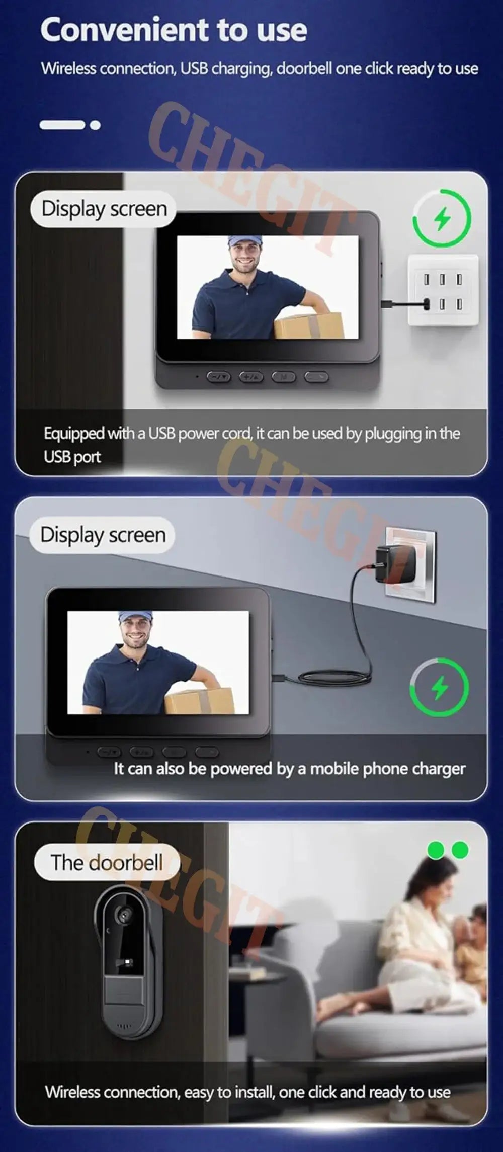 Wireless Wifi Doorbell Camera 1080P Video Intercom Doorbell Waterproof 4.3in IPS Screen Home Security Door Bell IR Night Vision