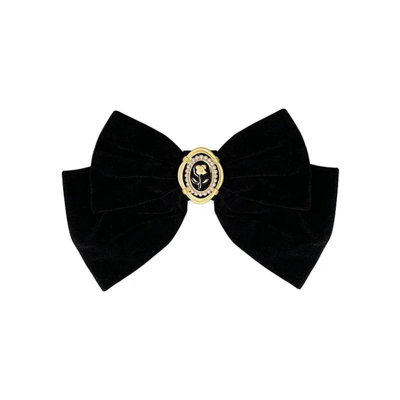 Velvet Bow Hair Pins With Alloy Rose Accents For Elegance