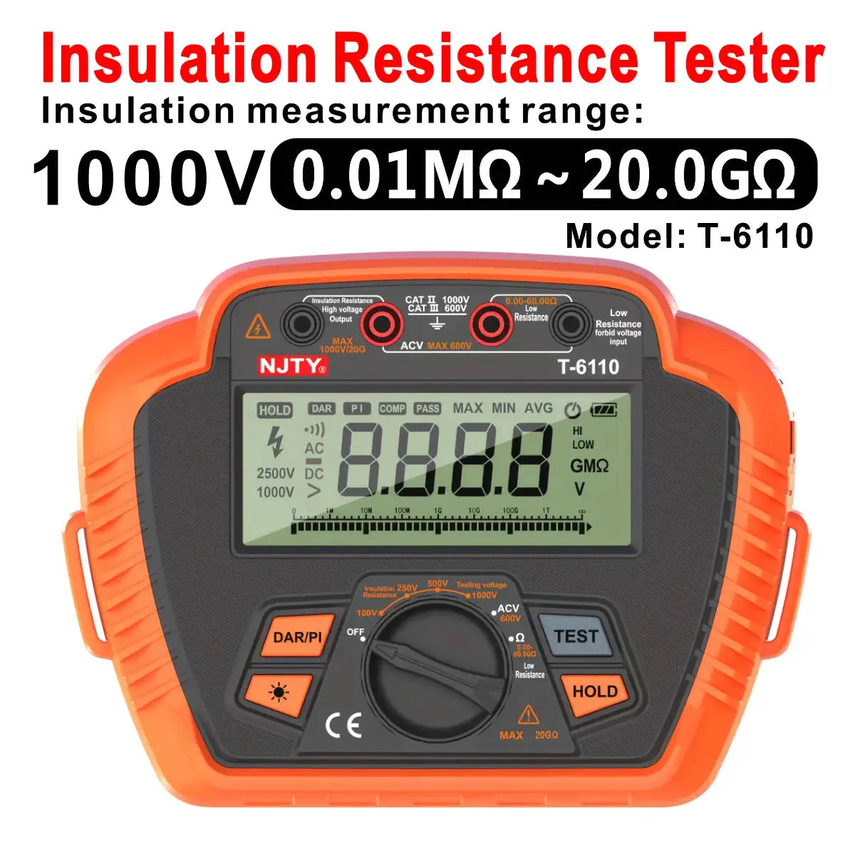 NJTY Insulation Resistance Tester 1000V/2500V Digital Megohmmeter, MAX 20GΩ/200GΩ, Measuring Low Resistance Absorption Ratio