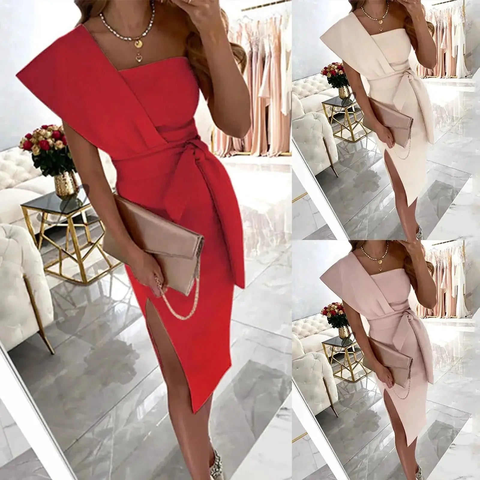 Elegant One Shoulder Ruffle Midi Dress Glam Statement Style