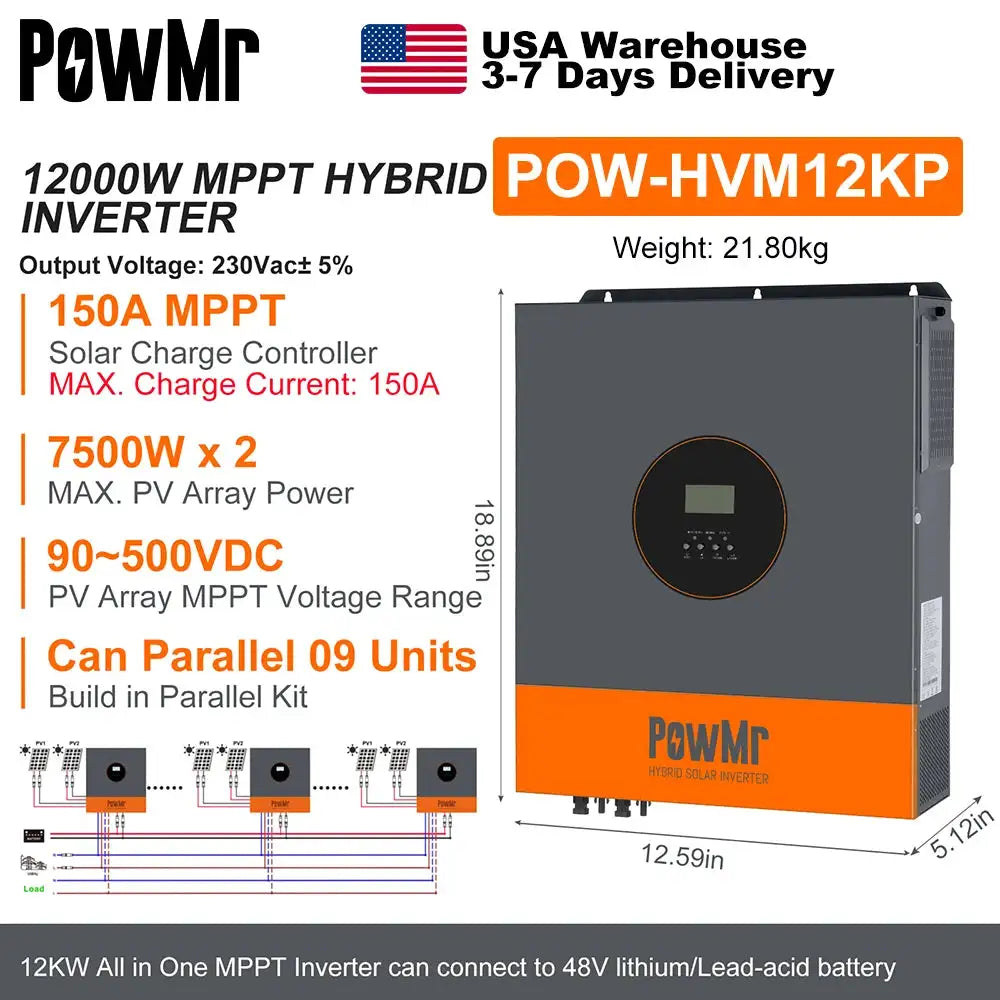 PowMr USA 48V 12000W Hybrid Solar Inverter Pure Sine Wave 2×MPPT 150A Charger 90-500V PV Input 220V/230V/240V Output Off Grid On Grid Inverter Compatible with Lithium Lead Acid AGM Battery for Home Appliance Compatible Suppo