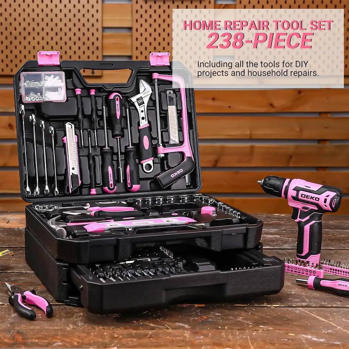 DEKO Home Mechanic Toolbox with 12V Power Cordless Drill Hand Repair Tools Sets Combo Kits Storage Organizer Drawer Case