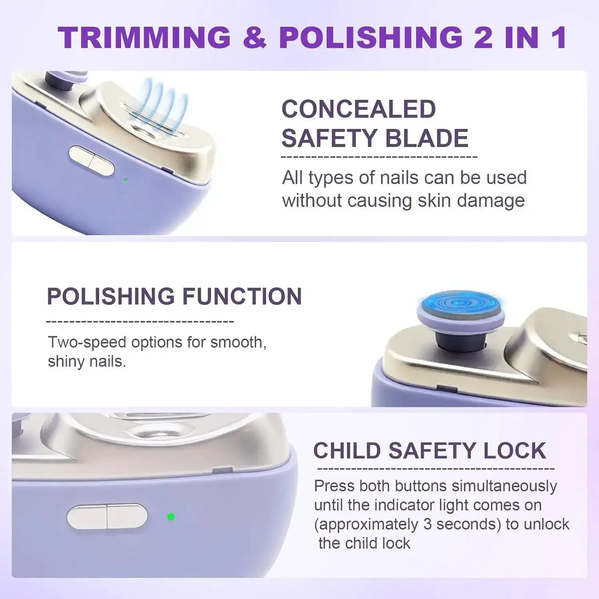 Portable Auto Nail Trimmer, 2 in 1 Electric Nail Clipper & Polisher, Low Noise LED Anti-Splash Rechargeable Manicure Tool for Kids Adults Seniors