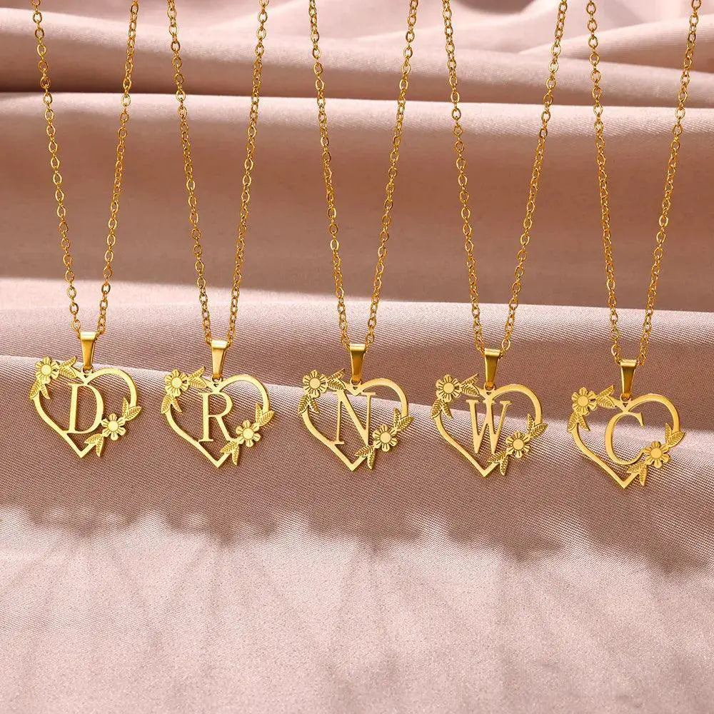 Golden Floral Heart Choker Necklace Alphabet Jewelry