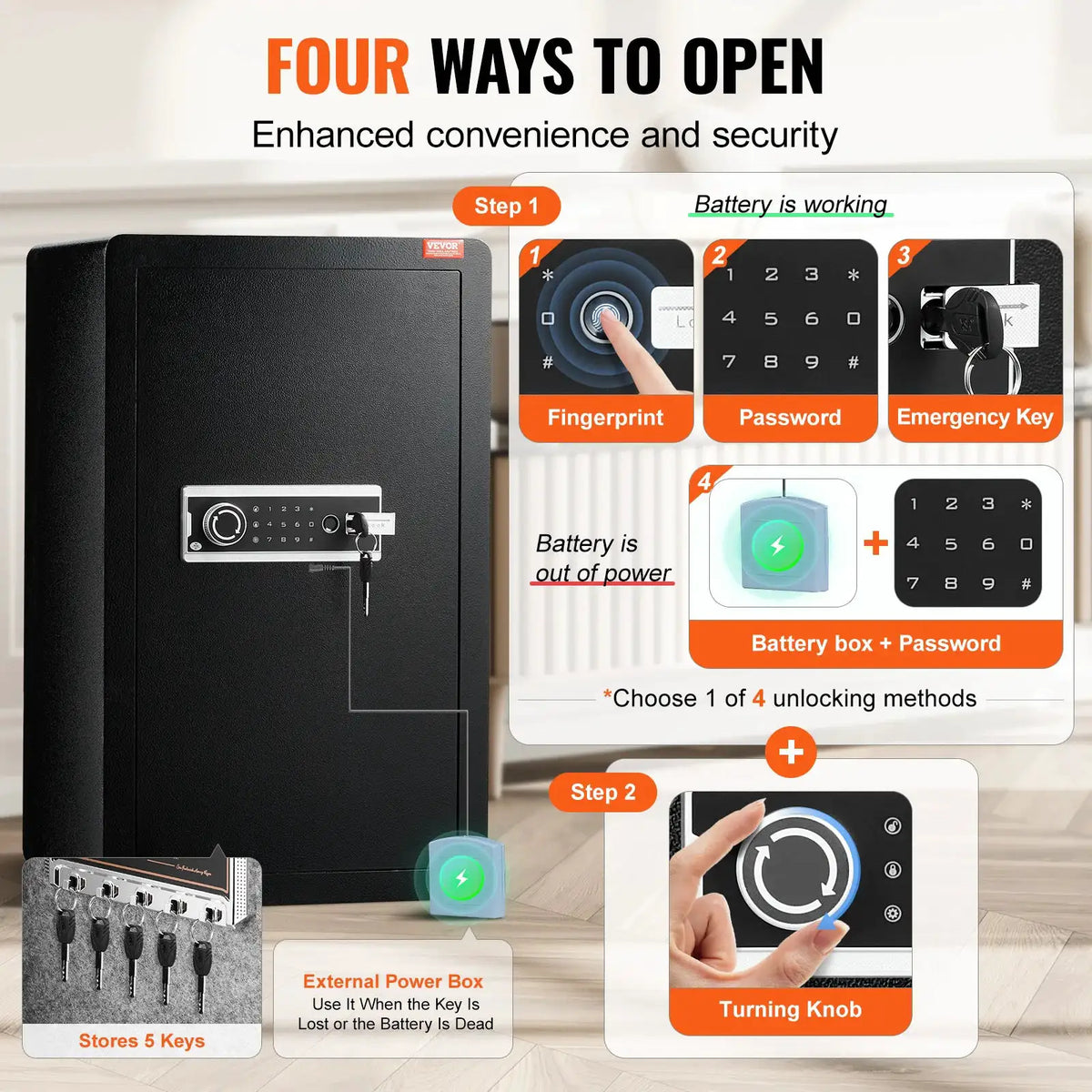 SucceBuy Single Door 4.0 cu.ft Safe Box w/ Key Lock Password & Fingerprint Safe Lock Box with Fireproof Bag Key Rack & LED Light