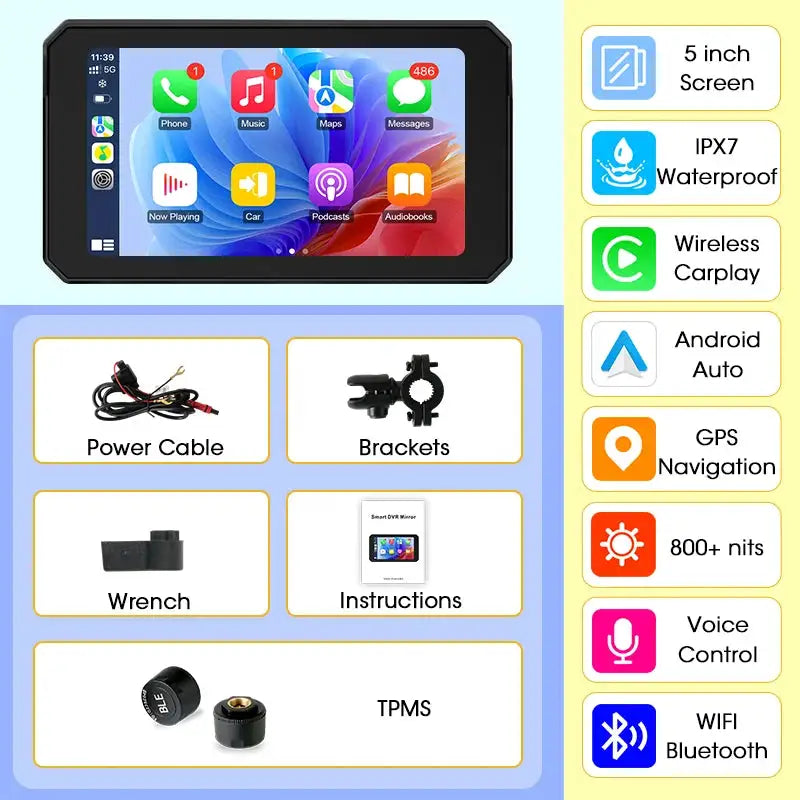 Dual Screen Bluetooth Motorcycle Navigation GPS Display IP67 Waterproof Carplay with Helmet Intercom Support Moto Accessories