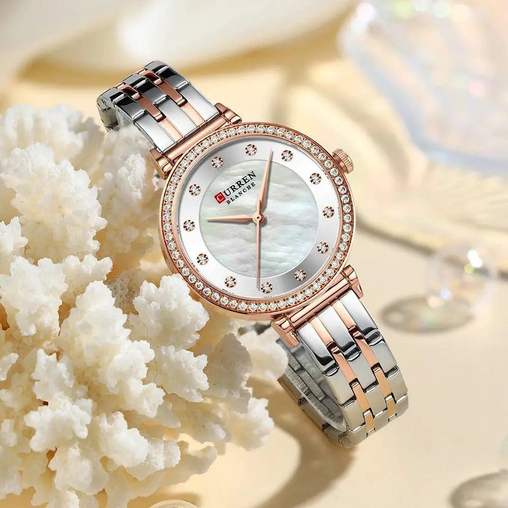 Curren Luxurious Rhinestone Shell Dial Watch for Women
