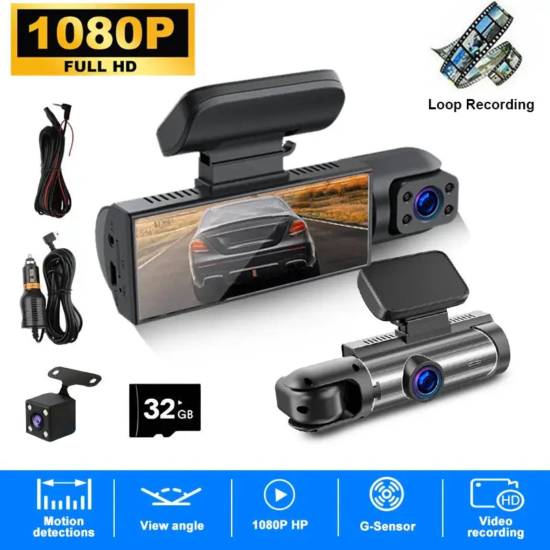 ZNLYRION Full HD 1080P Car Dashcam Front+Interior+Rear Camera 130° Wide Angle Night Vision G-Sensor Parking Monitor Car Driving Recorder