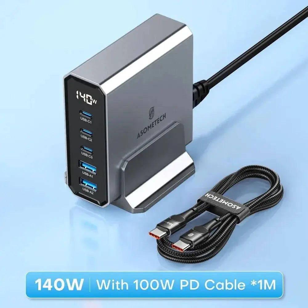 ASOMETECH 140W GaN USB C Charger Five Port Power Hub