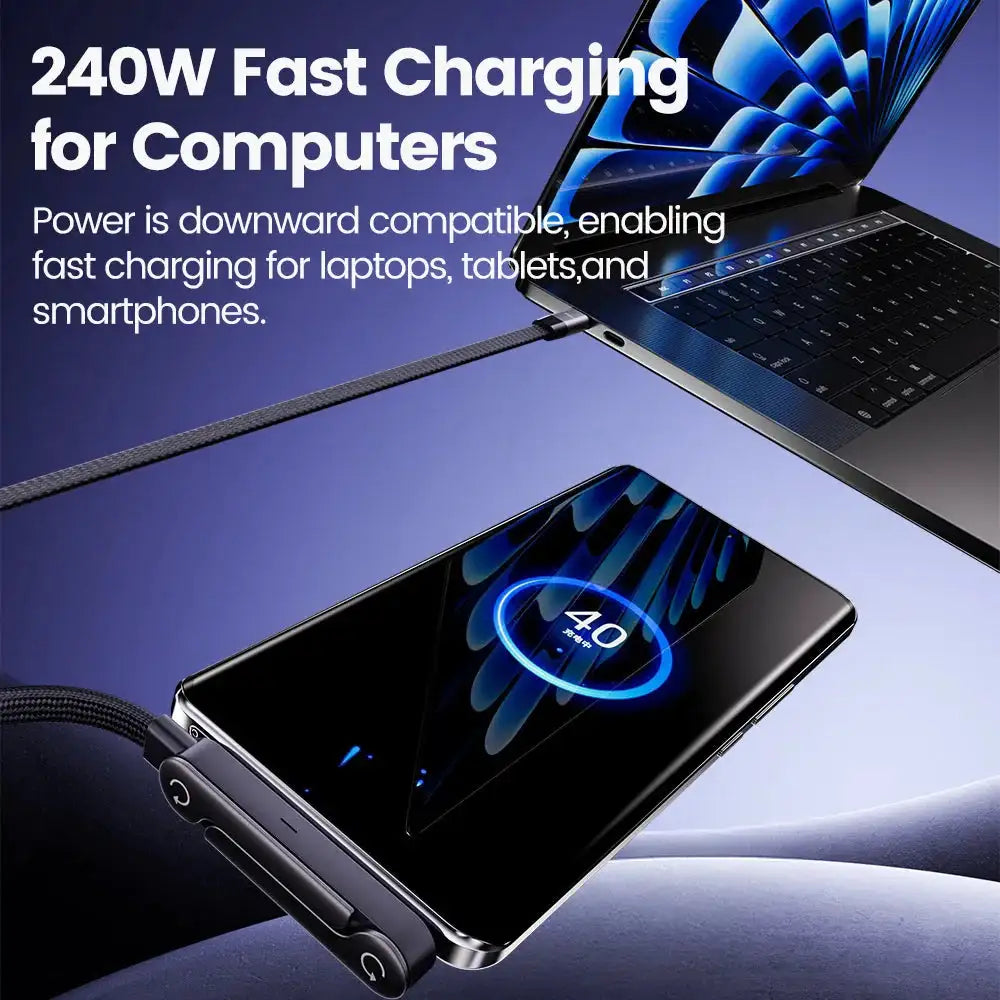 240W 2-in-1 Type C to USB C Fast Charging Data Cable Foldable Phone Holder Type C Fast Charging cabo For iPhone 17 Black/Orange