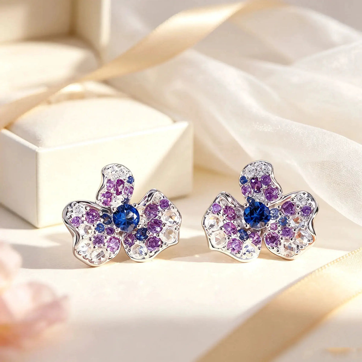 925 Sterling Silver Four Leaf Clover Flower Moissanite Stud Earrings for Women, Multi-color Purple & Blue Inlaid Moissanite Statement Earrings, Shiny Mixed Cut Stones Ear Studs, Fashion Fine Jewelry, Anniversary Birthday Gift