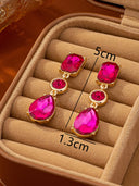 Rose Red Imitation Gemstone Stud Earrings For Women Wedding Ready Gold Plated