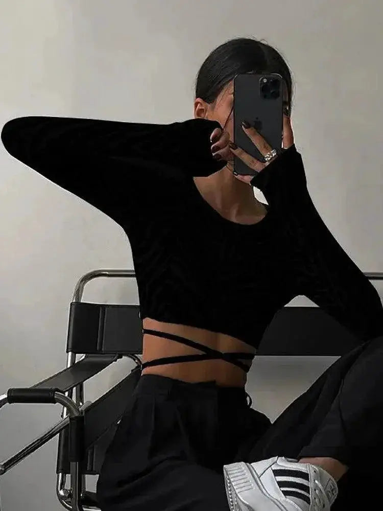 Sultry Black Lace Up Tee Backless Autumn Streetwear Fashion