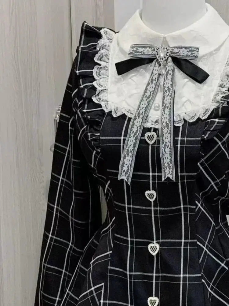Japanese Fairy Sweet Lace Patchwork Plaid Dress Women Kawaii Grunge Ruffled Long Sleeve Dresses Y2k Aesthetic JK Lolita Vestidos