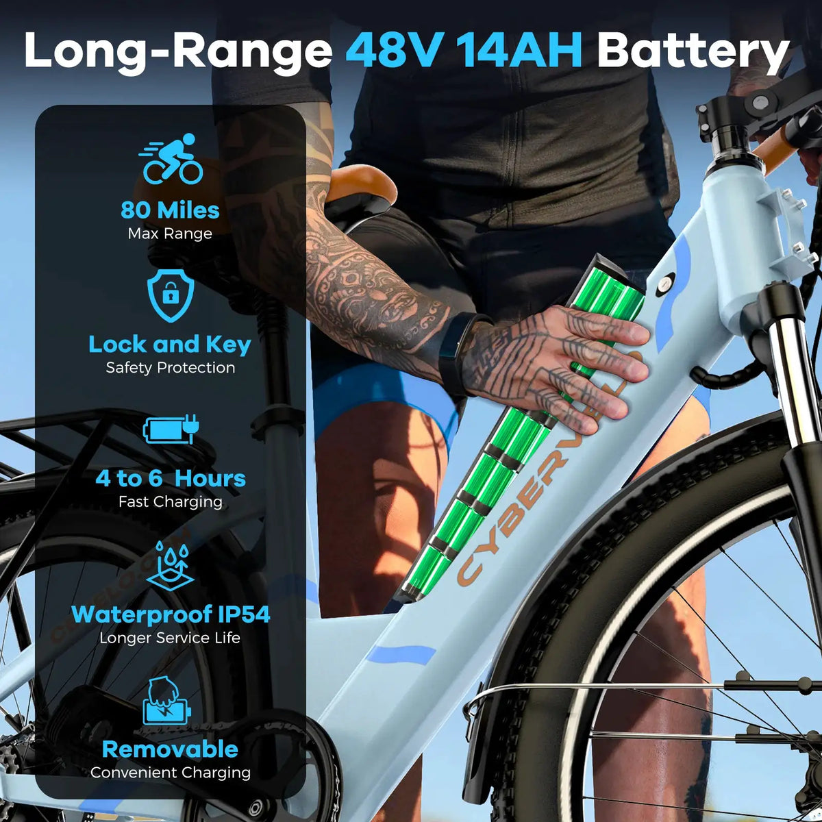Cybervelo Urban Commute E-Bike 48V 1000W Peak Motor Detachable Battery 7-Speed Shift Electric Bike 26" Step-Thru Adults EK2