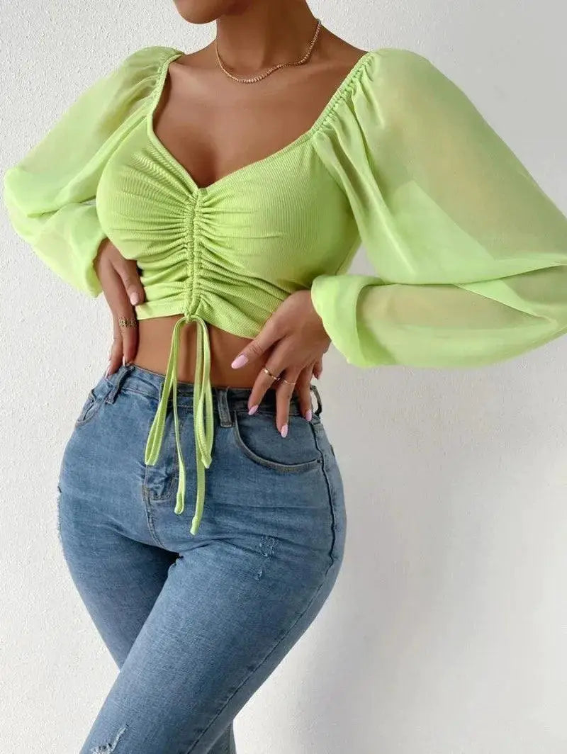 Seductive Lace Up Puff Sleeve Top Elegant Women's Fashion