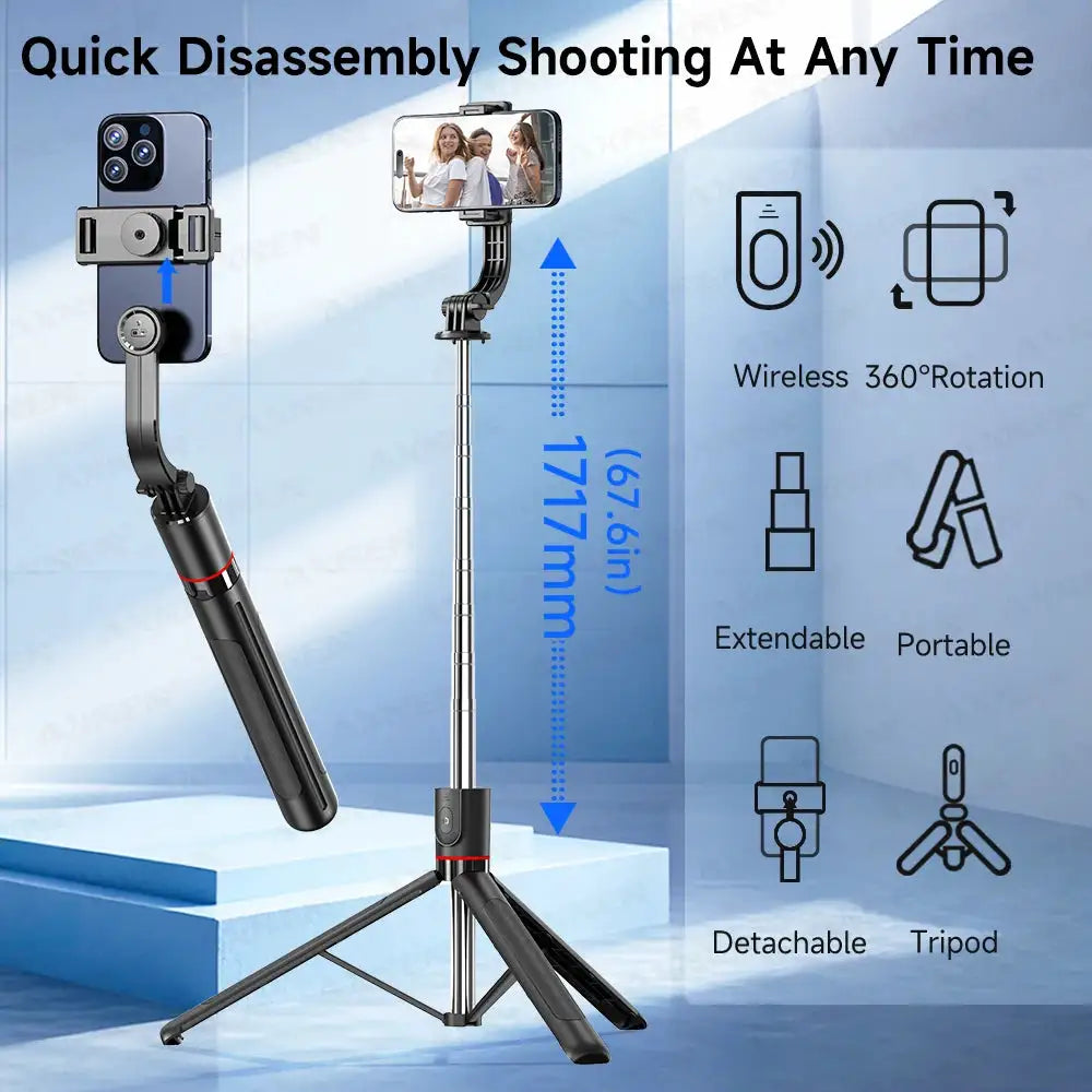 F15 Selfie Stick Tripod with Bluetooth Remote, 6-Section Extendable Pole, 360° Rotation, Fill Light Option, for Phone Vlog