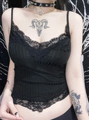 Gothic Bodycon Camis Crop Top Women Grunge Punk Backless Ribbed Lace Trim Summer