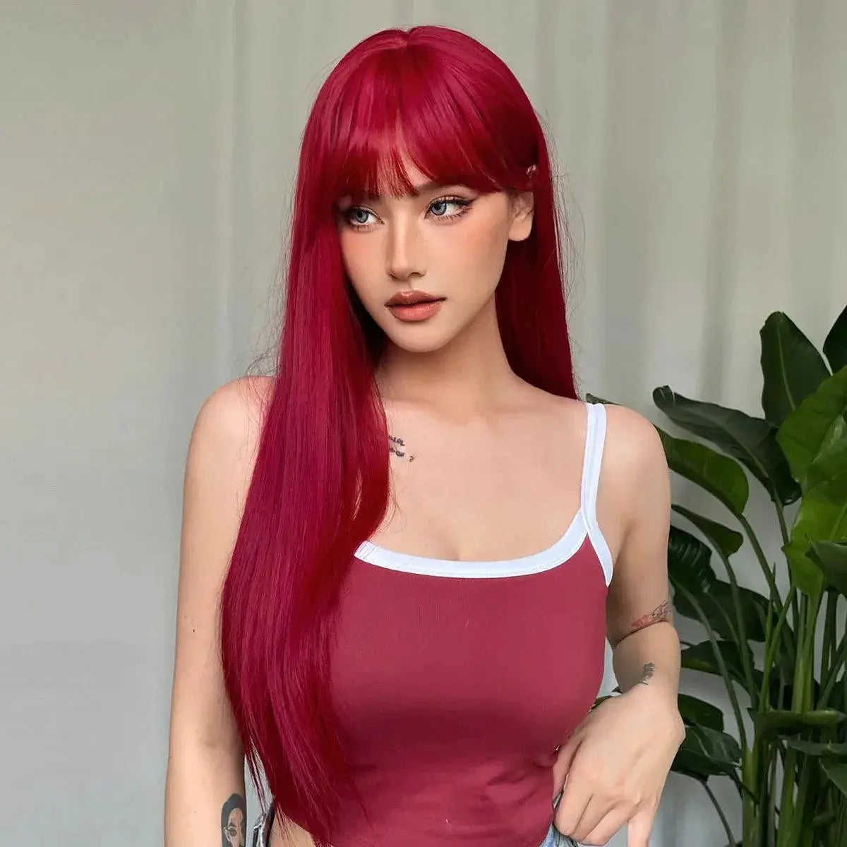 Wine Red Cosplay Wig Long Straight Hair Heat Resistant