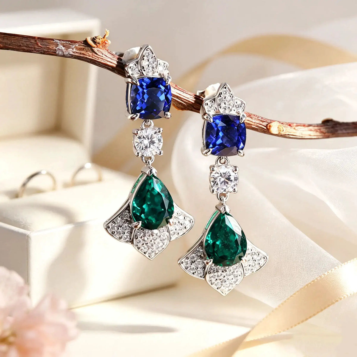 Cluster drop earrings described with sapphire and emerald accents
