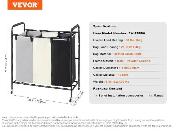 VEVOR Laundry Sorter Cart With Ironing Board System