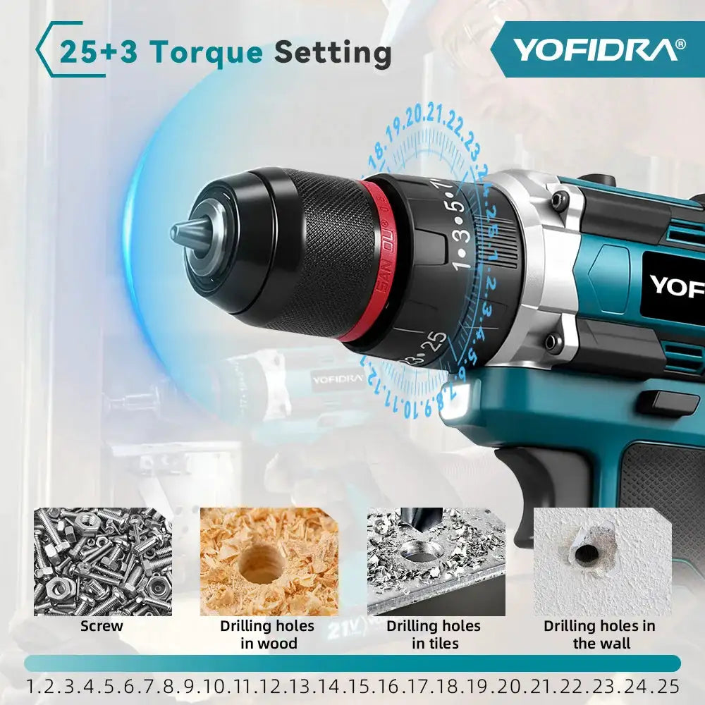 YOFIDRA 3 IN 1 25+3 Torque Electric Impact Drill Handheld Cordless Impact Drill Woodworking Power Tool For Makita Battery Pin